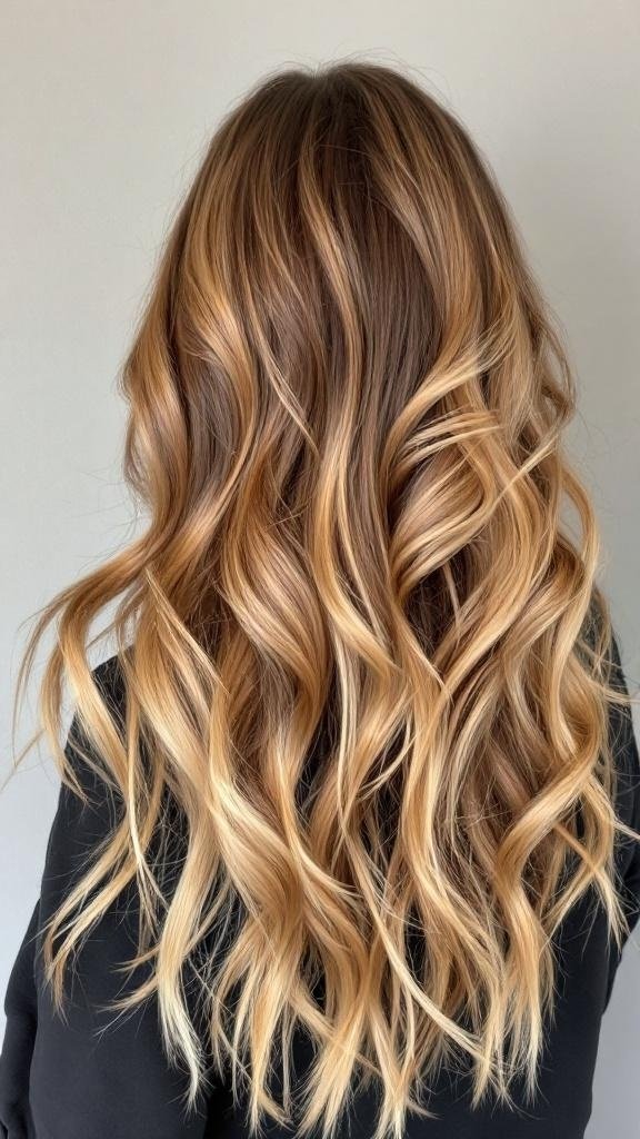 A hairstyle featuring golden brown balayage with soft waves.