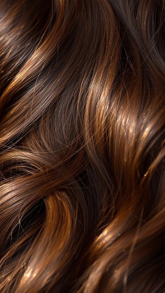 Close-up of rich chocolate brown hair with glossy waves.