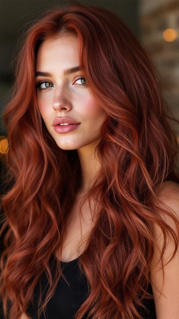 A woman with long, wavy mahogany hair, showcasing a vibrant and rich hair color.