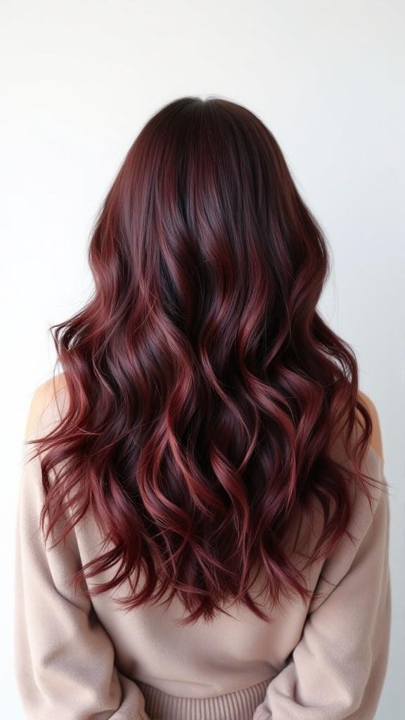 A woman with long, wavy hair featuring a chocolate cherry fusion color.
