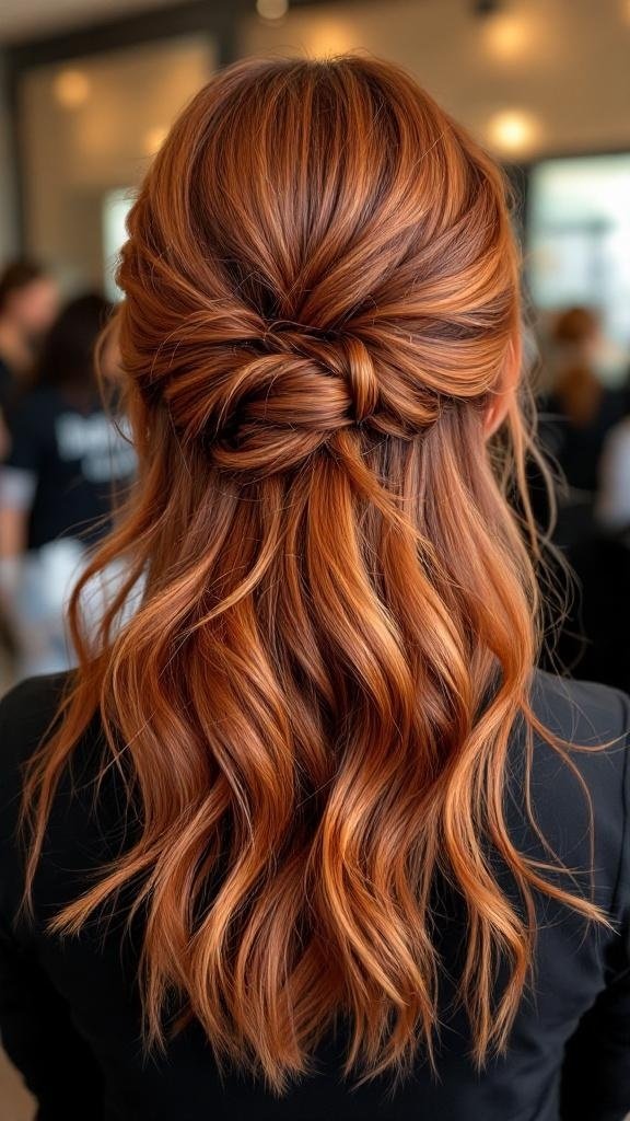 A woman with copper brown shimmer hair styled in loose waves and a half-up, half-down hairstyle.