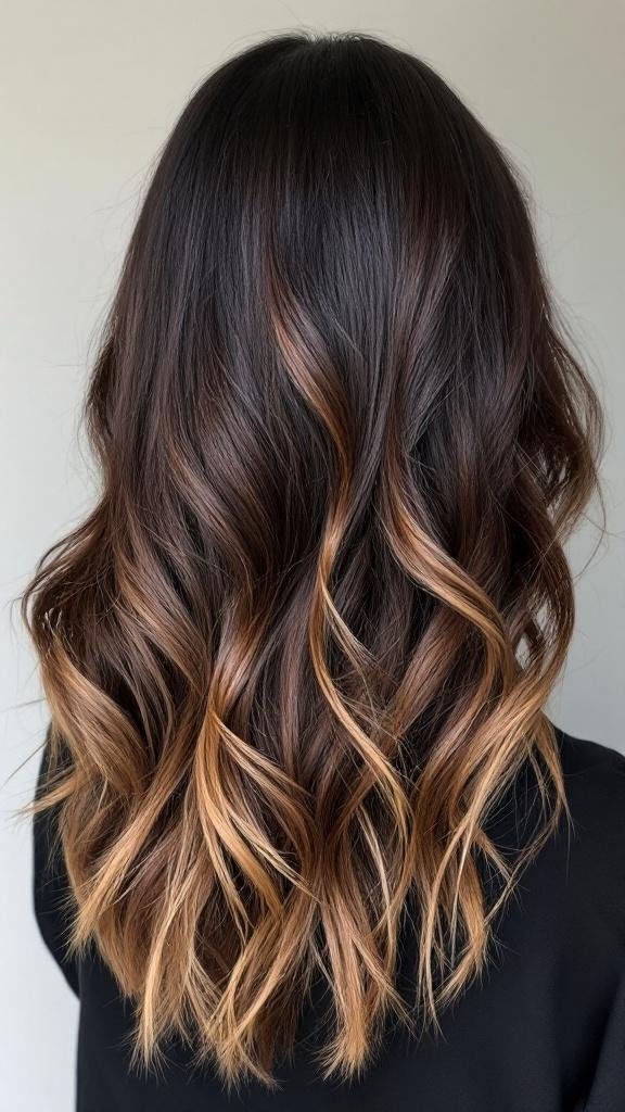A woman with deep chocolate ombre hair, showcasing a blend of dark brown and caramel highlights.