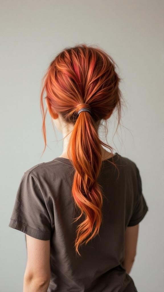 A woman with bright auburn brown hair styled in a ponytail.