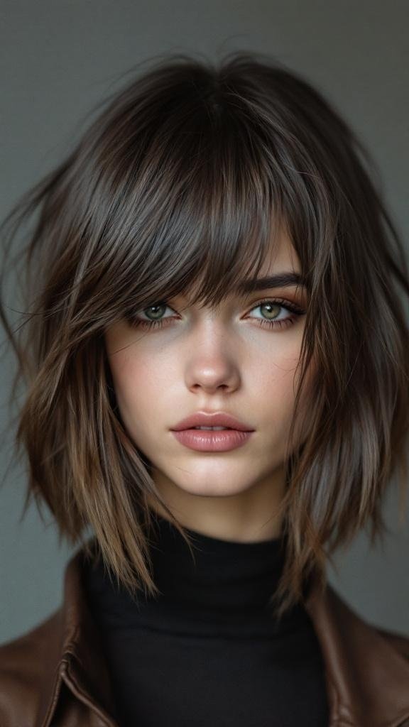 A person with slate brown hair styled in a bob with bangs, showcasing a natural and chic look.