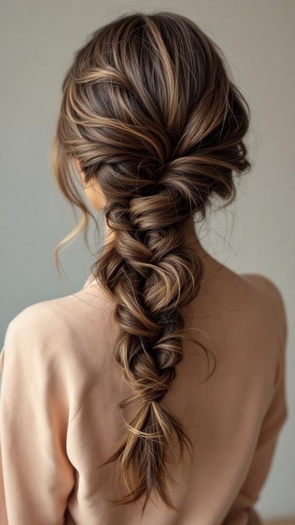 A woman with chocolate malt brown hair styled in a beautiful braid.