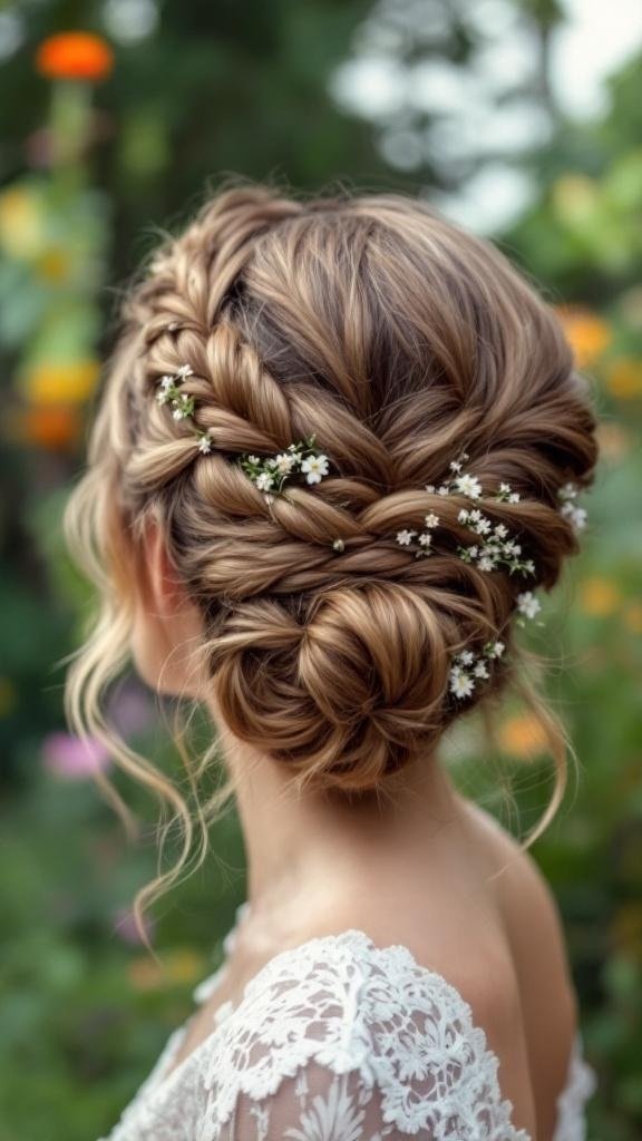 A beautiful braided crown updo hairstyle adorned with small flowers.
