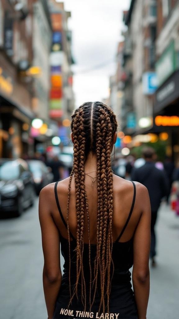 A person with box braids walking in a city street.