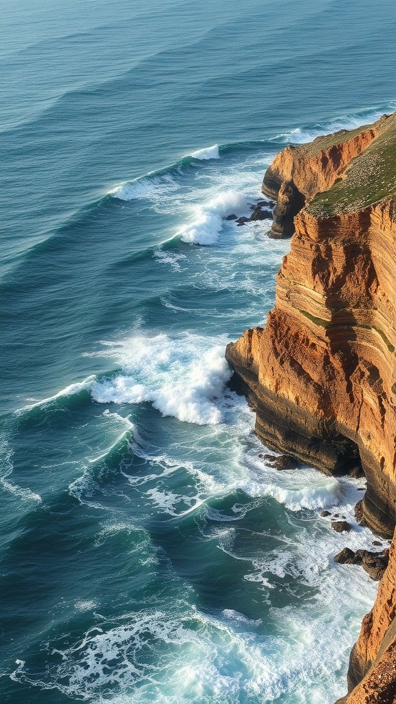 Waves crashing on a rocky shore with cliffs in the background.
