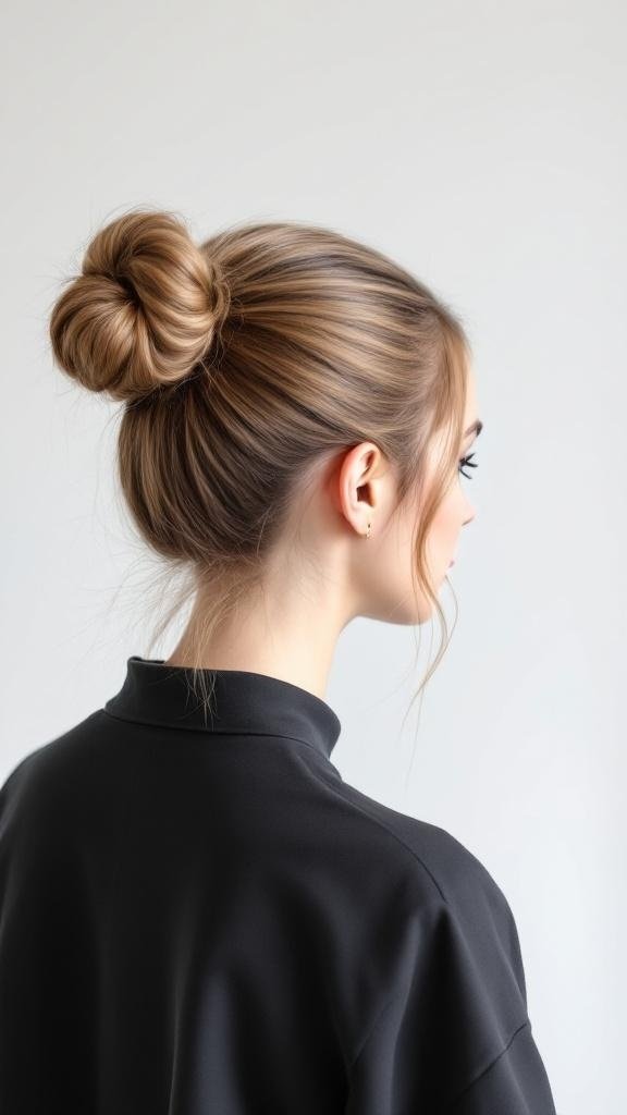 A woman with a twisted bun hairstyle, showcasing a neat and stylish look.