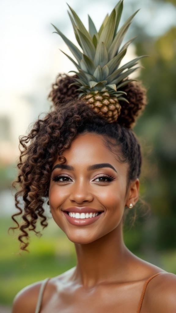 A woman with a pineapple updo hairstyle, showcasing curls and a pineapple on top.