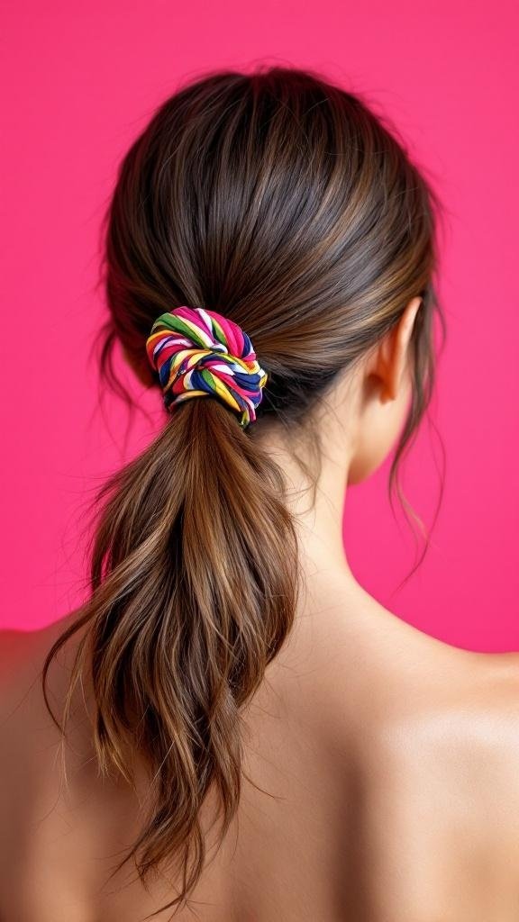 A woman with a low ponytail wrapped in a colorful hair tie against a pink background.