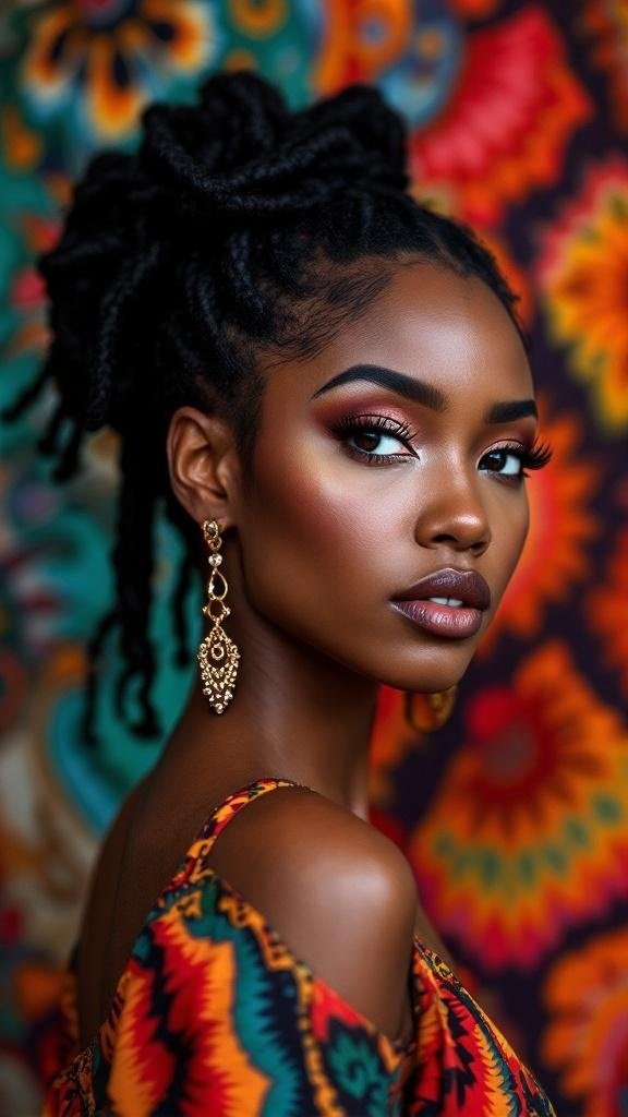 A woman with Bantu knots, showcasing a vibrant outfit and bold makeup.