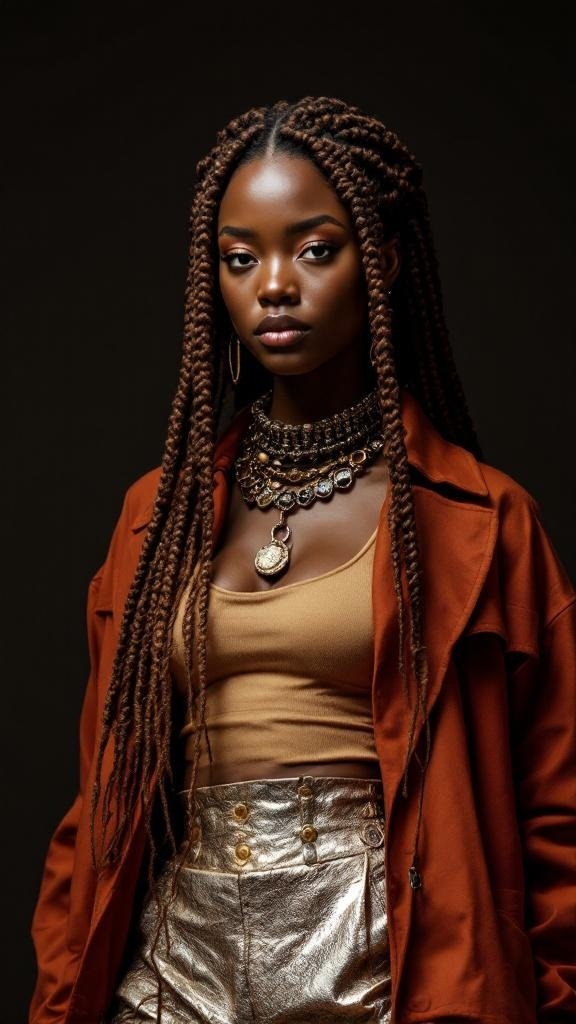 A person with cornrow braids, wearing a stylish outfit and jewelry.