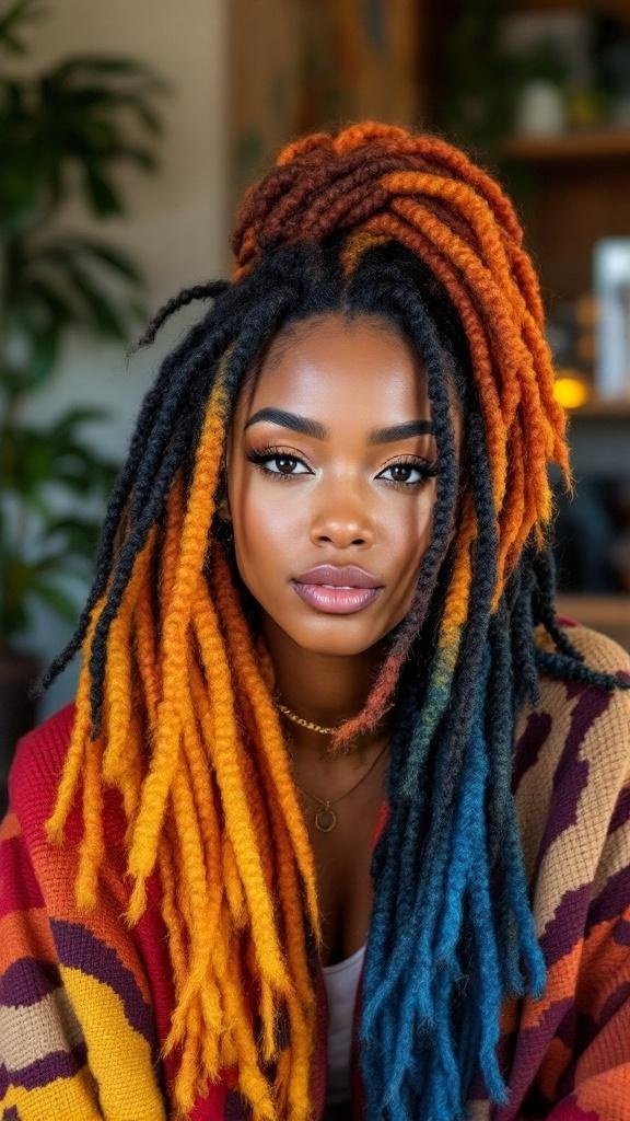 A person with colorful faux locs styled in various shades of orange and blue.