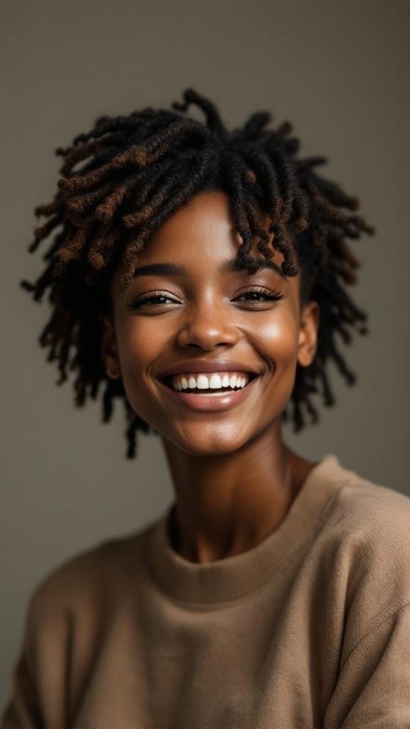 A smiling person with a twist-out hairstyle, showcasing defined curls.