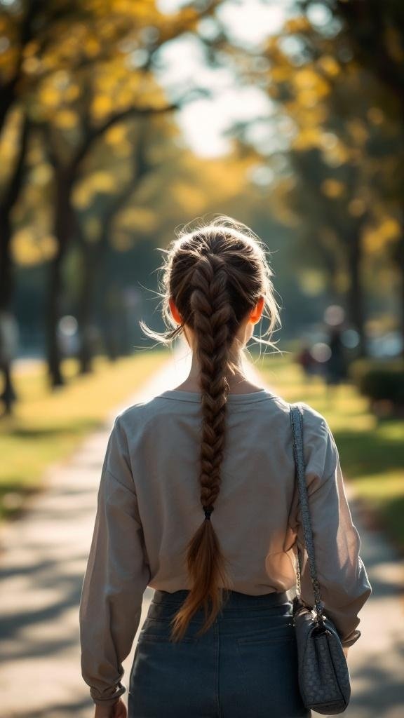 A woman with a braided ponytail walking in a park.