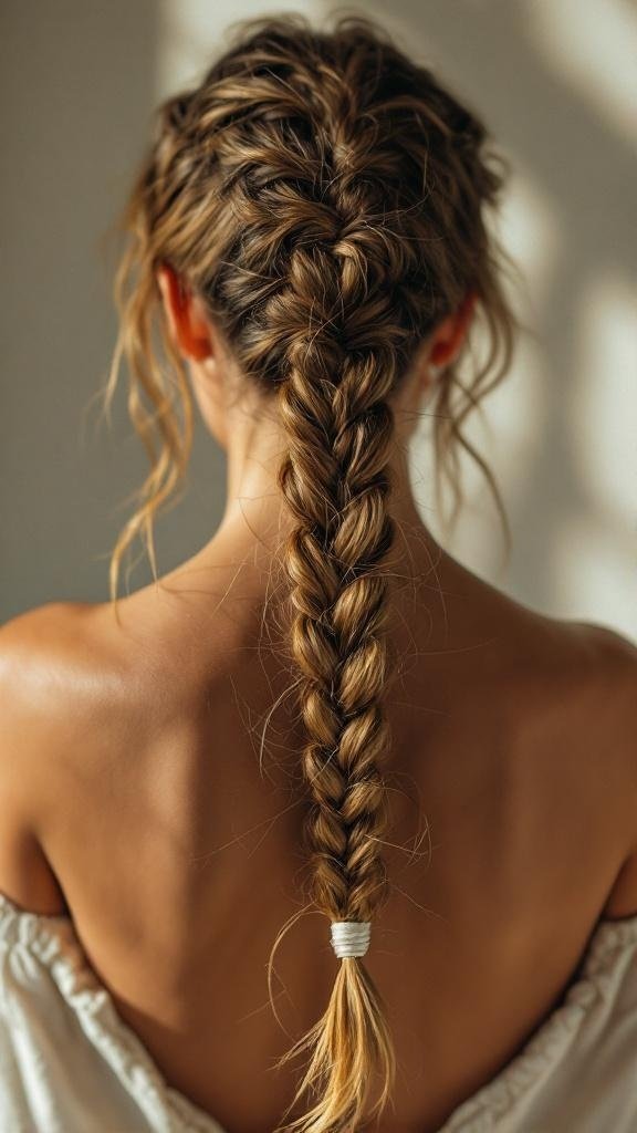 A close-up view of a person's back with a single braid, showcasing a knotless braid hairstyle.