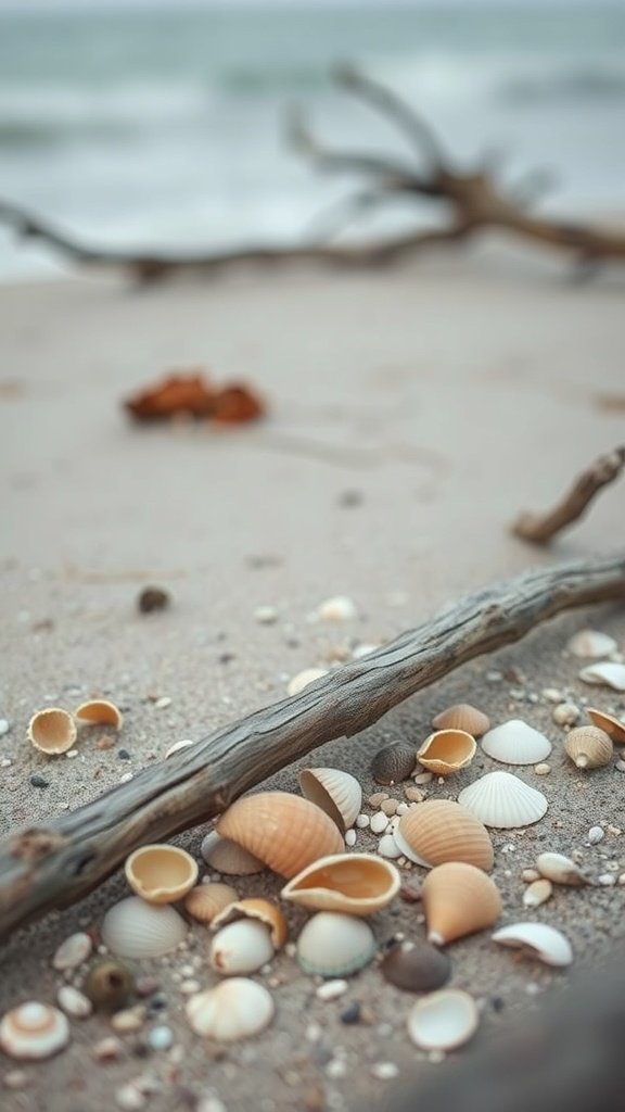 A collection of seashells and driftwood on a sandy beach