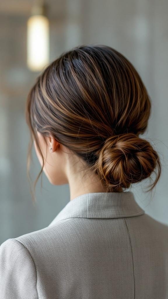 A woman with a sleek low bun hairstyle, wearing a light gray blazer.