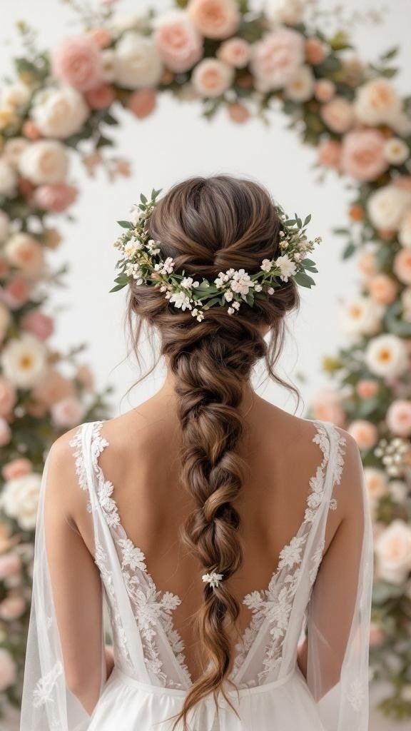 A woman with a twisted halo hairstyle adorned with flowers, standing in front of a floral arch.