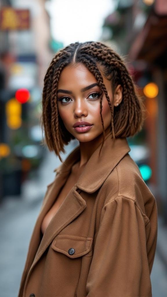 A woman with a braided bob hairstyle, wearing a brown coat, standing in a city street.