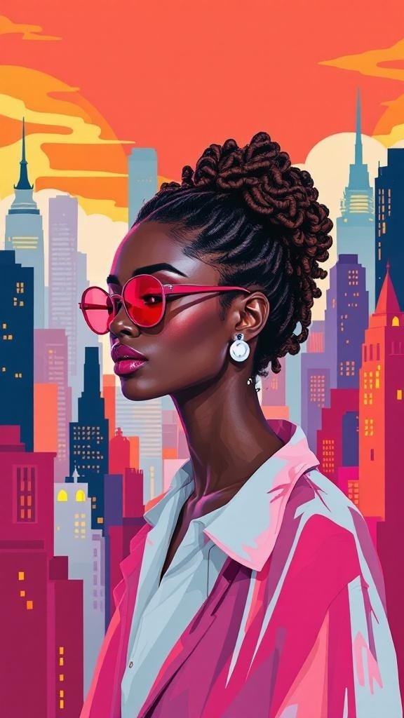 A woman with flat twists styled elegantly, showcasing a modern urban backdrop.