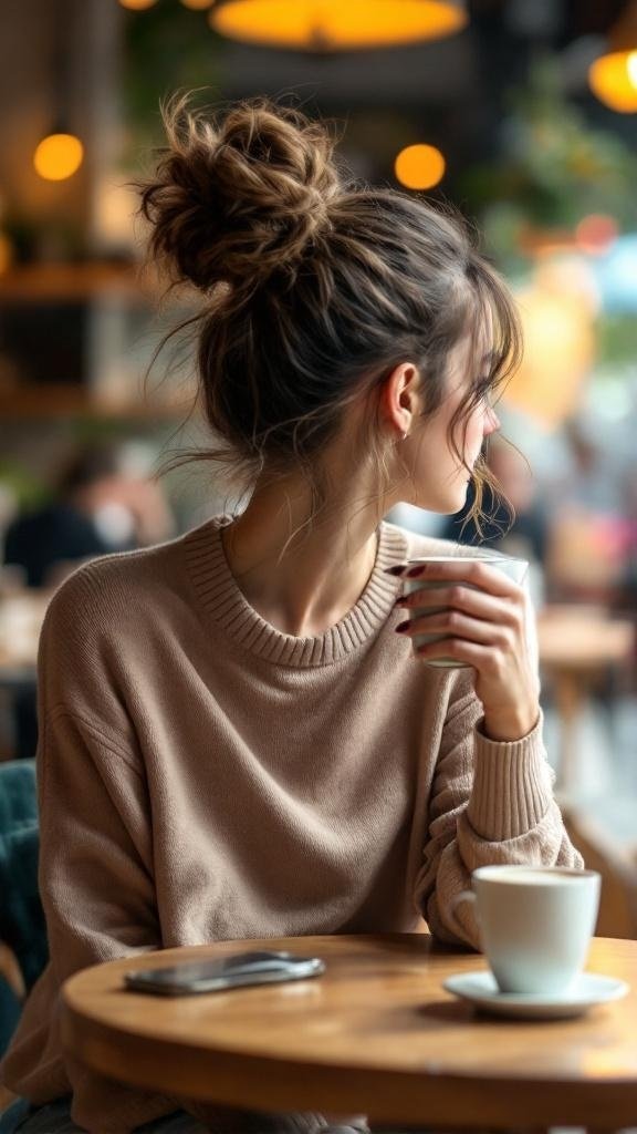 A woman with a messy bun hairstyle, sitting at a cafe with a cup of coffee.