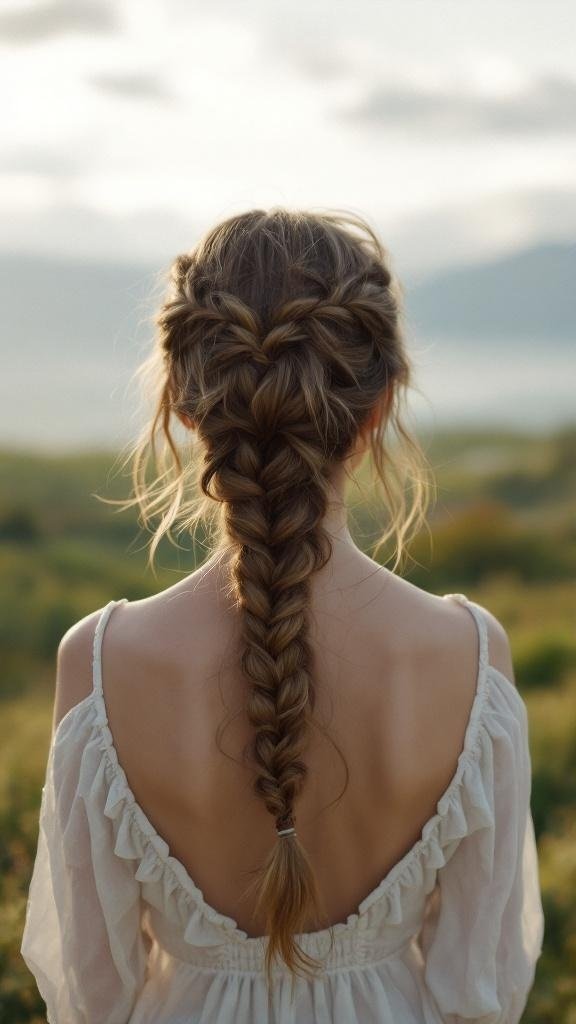A woman with a waterfall braid hairstyle, showcasing a beautiful and flowing look.