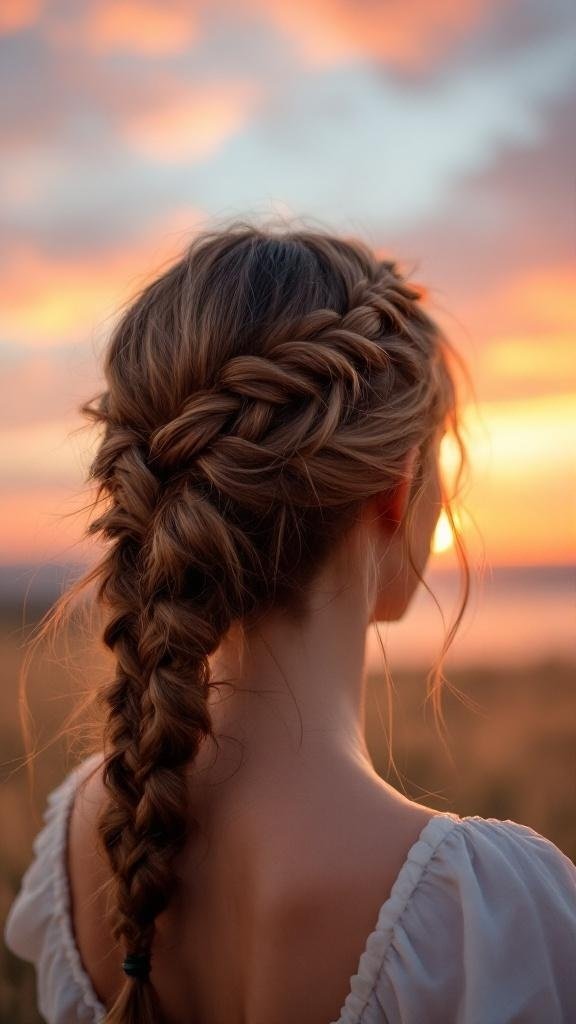 A woman with a braided hairstyle, showcasing headband braids against a sunset backdrop.