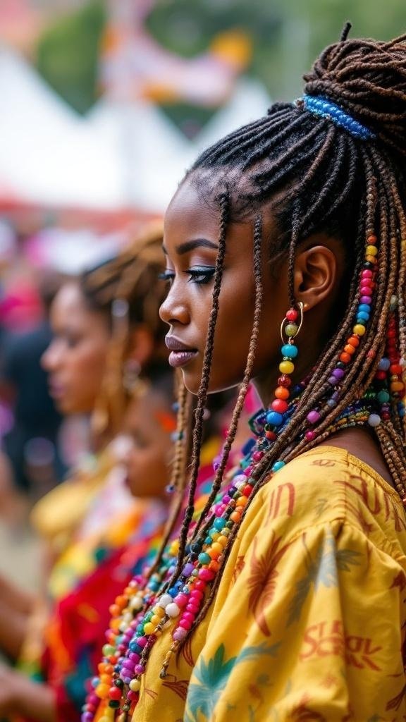A close-up of a woman with protective braids adorned with colorful beads, showcasing a vibrant hairstyle.