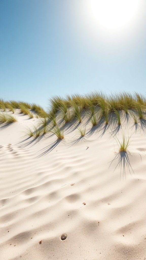 A serene view of coastal dunes with grass under a bright sun.