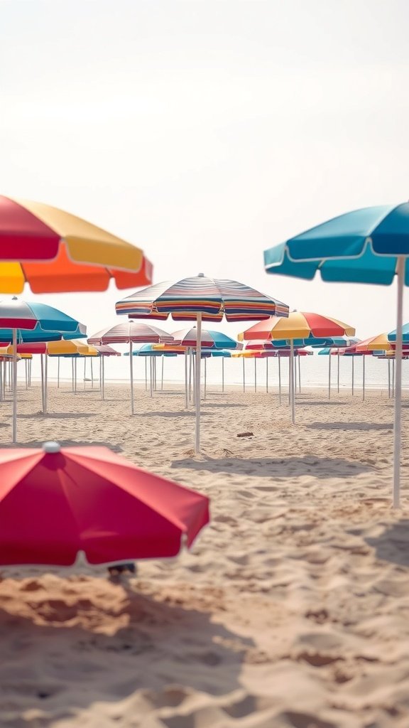 A beach scene filled with colorful umbrellas on the sand.