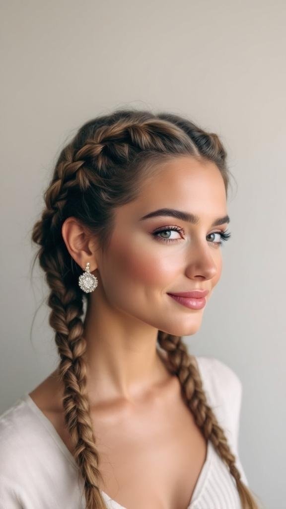 A young woman with two braided crown hairstyles, showcasing a stylish double crown braid.