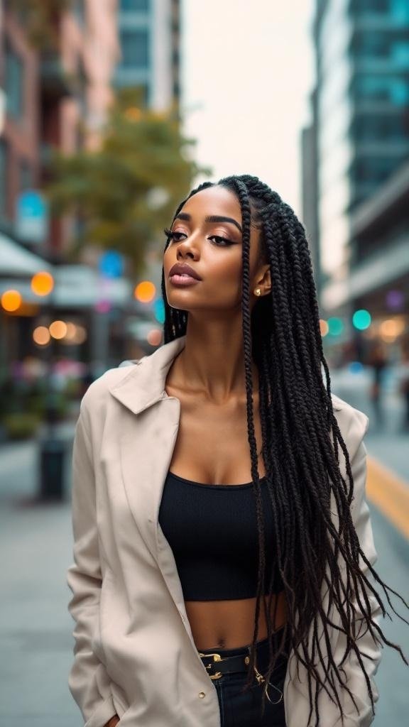 A woman with long knotless box braids, wearing a beige jacket and black top, posing confidently in an urban setting.