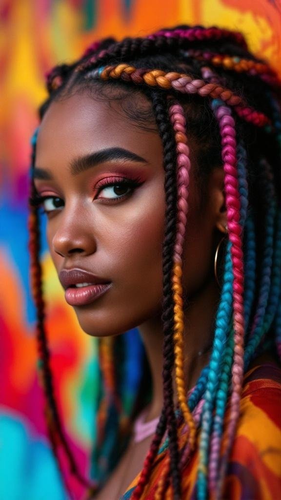 A close-up of a person with colorful box braids, showcasing vibrant highlights against a bright background.