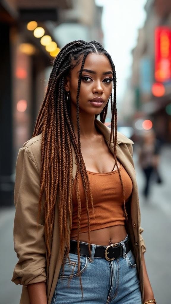 A woman with long box braids wearing a casual outfit, standing in a city street.