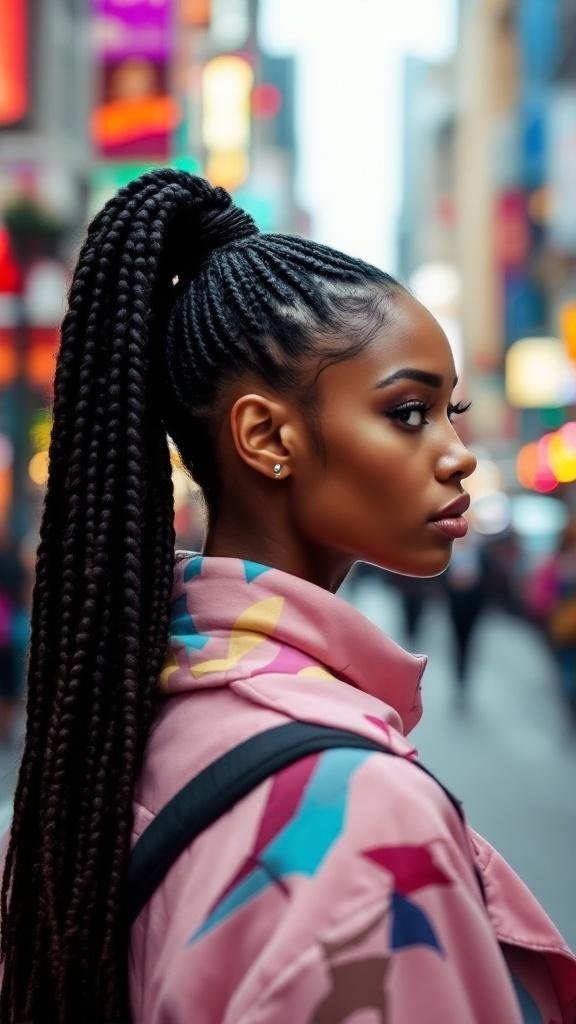 A woman with box braids styled in a high ponytail, wearing a colorful jacket in an urban setting.