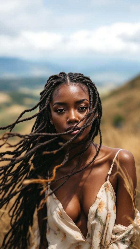 A woman with layered box braids, wearing a floral outfit, with a scenic background.