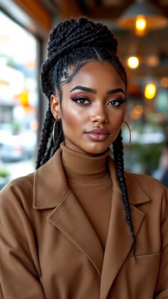 A woman with box braids styled in a middle part, wearing a brown coat and hoop earrings.