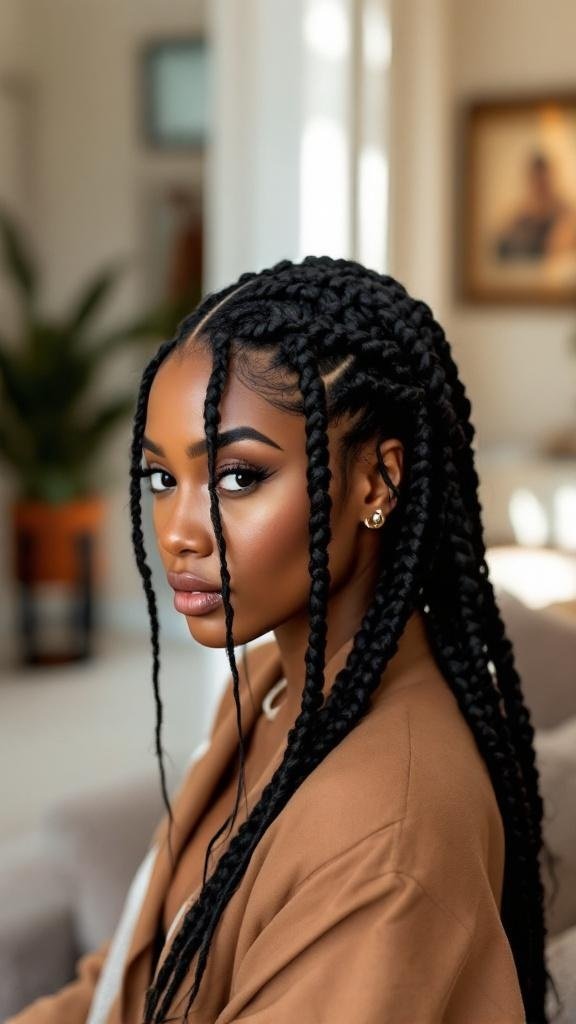 A person with box braids styled in a side part, showcasing a chic and elegant look.