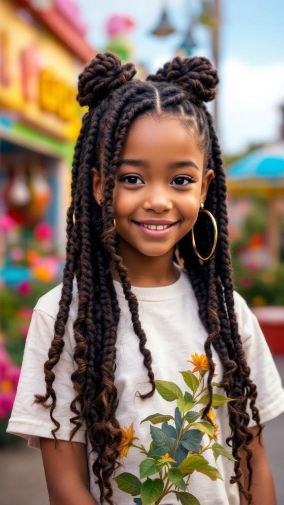 A young girl with box braids styled with curls at the ends, wearing a floral t-shirt and hoop earrings.