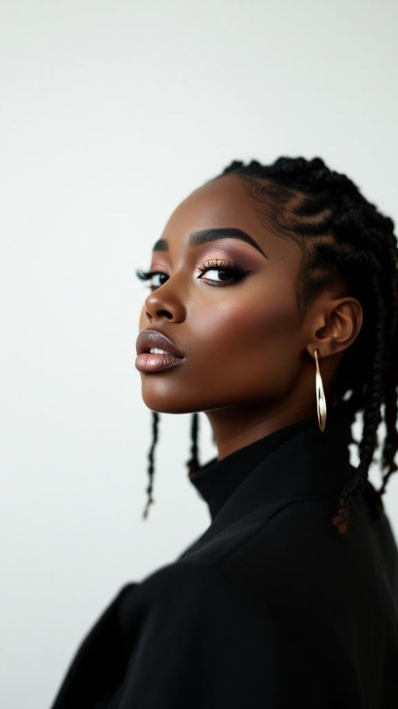 A woman with short box braids, showcasing a chic hairstyle.