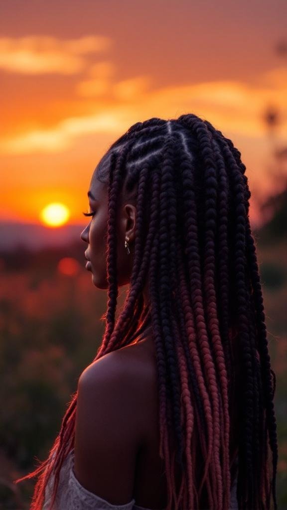 A person with box braids featuring an ombre effect, standing against a sunset.