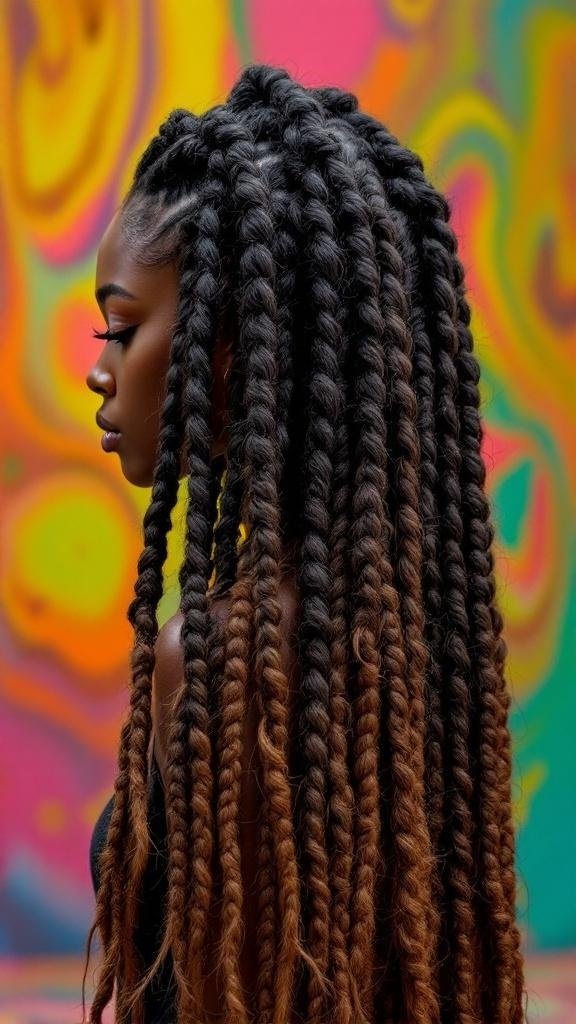 A woman with long twisted box braids against a colorful background.