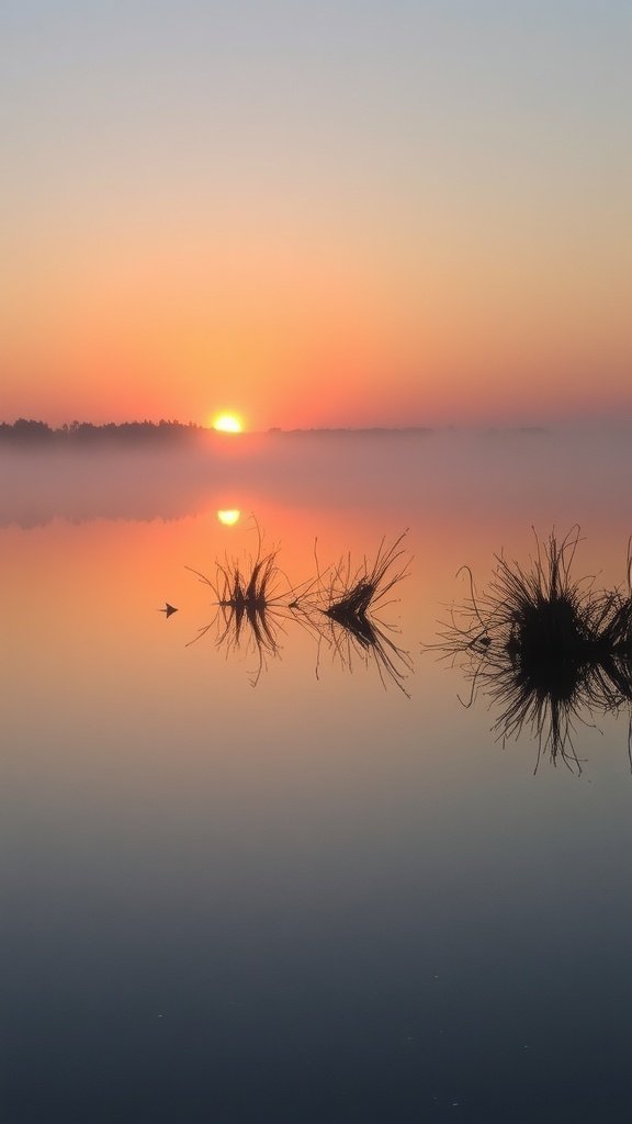 A serene sunrise over calm waters with soft colors reflecting on the surface.