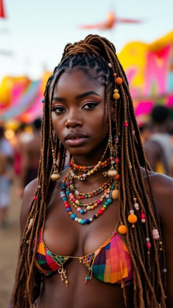 A woman with box braids adorned with colorful beads, showcasing a vibrant festival style.