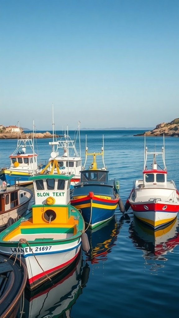 Colorful fishing boats docked at a harbor with calm waters and clear skies.