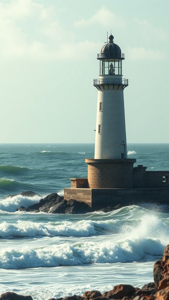 A lighthouse by the sea with waves crashing against rocks.