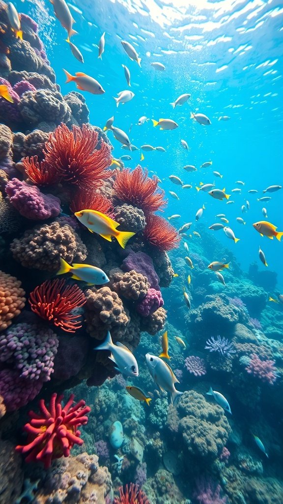 Underwater scene of a coral reef with colorful fish and corals