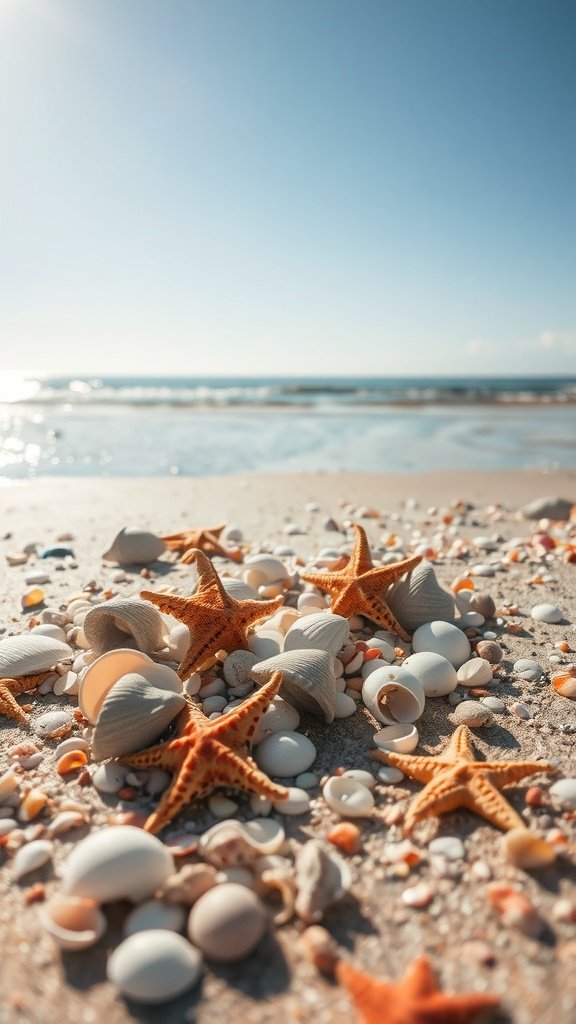Close-up of shells and starfish on a sandy beach with ocean in the background.